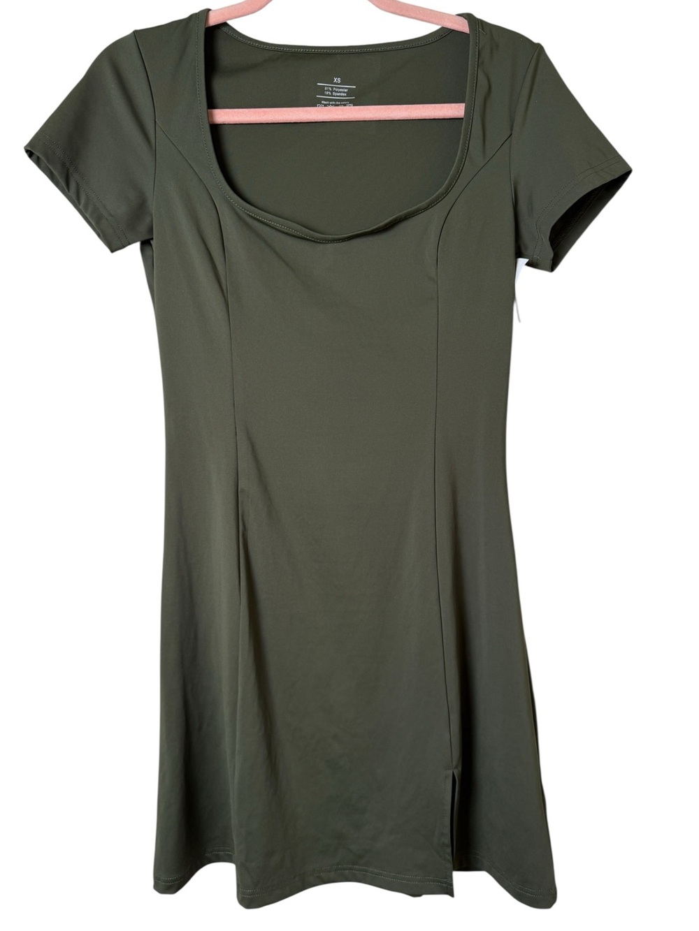 XS Scoop Neck Short Sleeve Athletic Dress in Olive Green